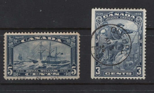 Lot 320 Canada #204, 208 3c - 5c Dull Blue Royal William - Jacques Cartier, 1933-1934 Royal William - Jacques Cartier Issues, 2 Fine Used Singles, Nicely Centered, 208 Has A SON August 3 1934 Quebec CDS