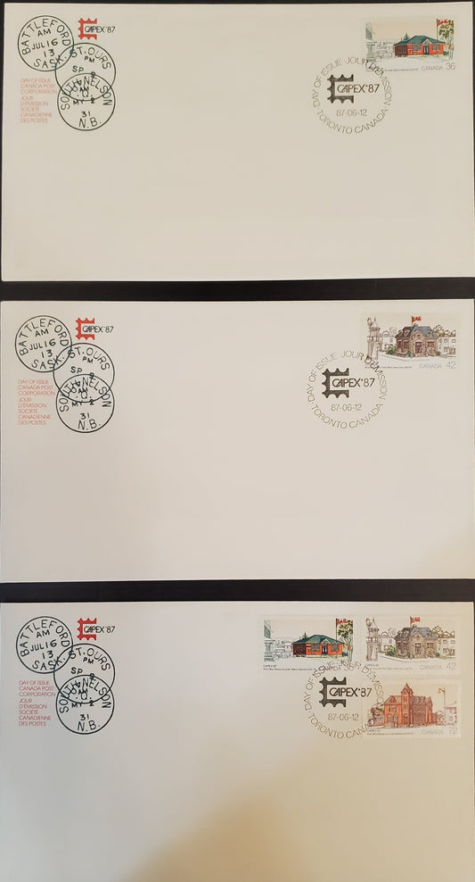 Canada #1123-1125 36c-72c Multicoloured Various Post Offices, 1987 CAPEX '87 Issue, 3 VF Official Canada Post FDC's, DF Cream Envelopes Franked With Singles & Partial Set