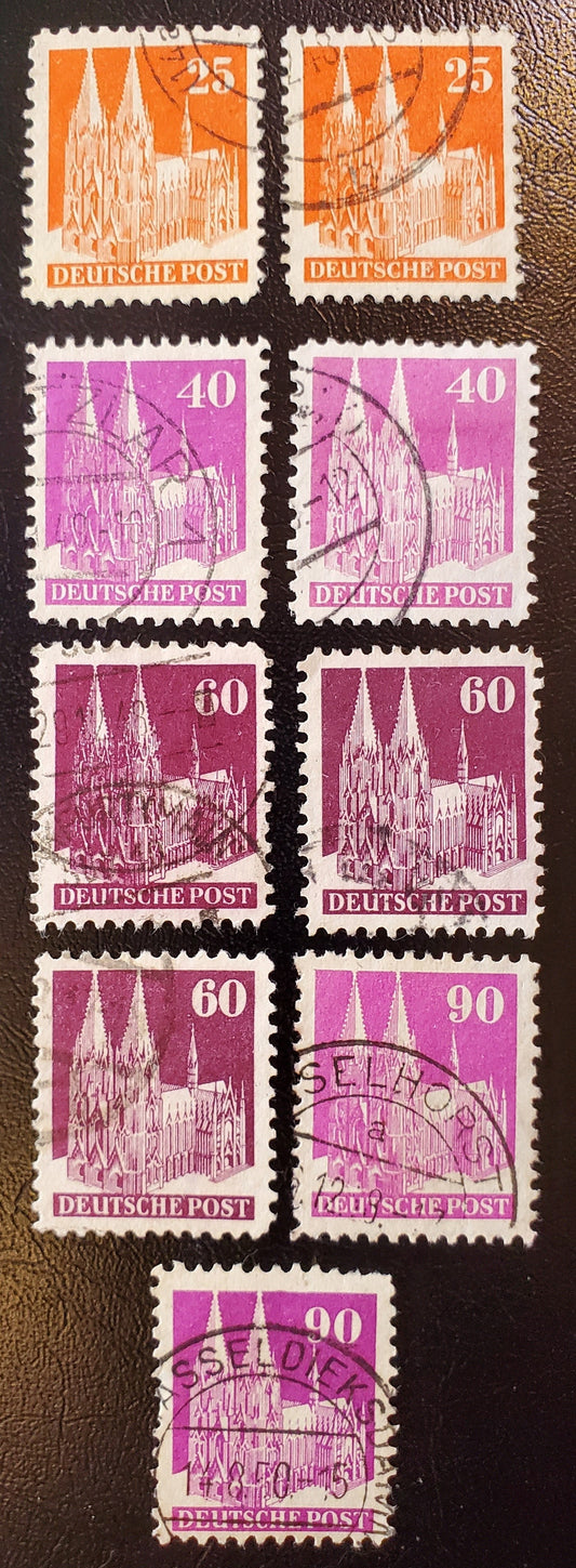 Lot 320 Germany - American and British Zone MI#87IIWE/96IIIWE (648/657) 1948-1951 Buildings Issue, 25pf Vermilion - 90pf Rose Lilac Line Perf 11.5 x 11, Wmk W, A F-VF Used Group, Types 2, 3 and 3a, 2023 Michel Cat. € 5