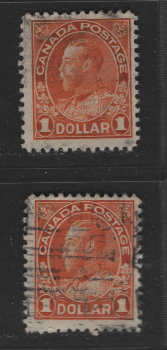 Lot 321 Canada #122, 122iv $1 Orange & Brown Orange King George V, 1911-1928 Admiral Issue, 2 VG & Fine Used Single Dry Printings