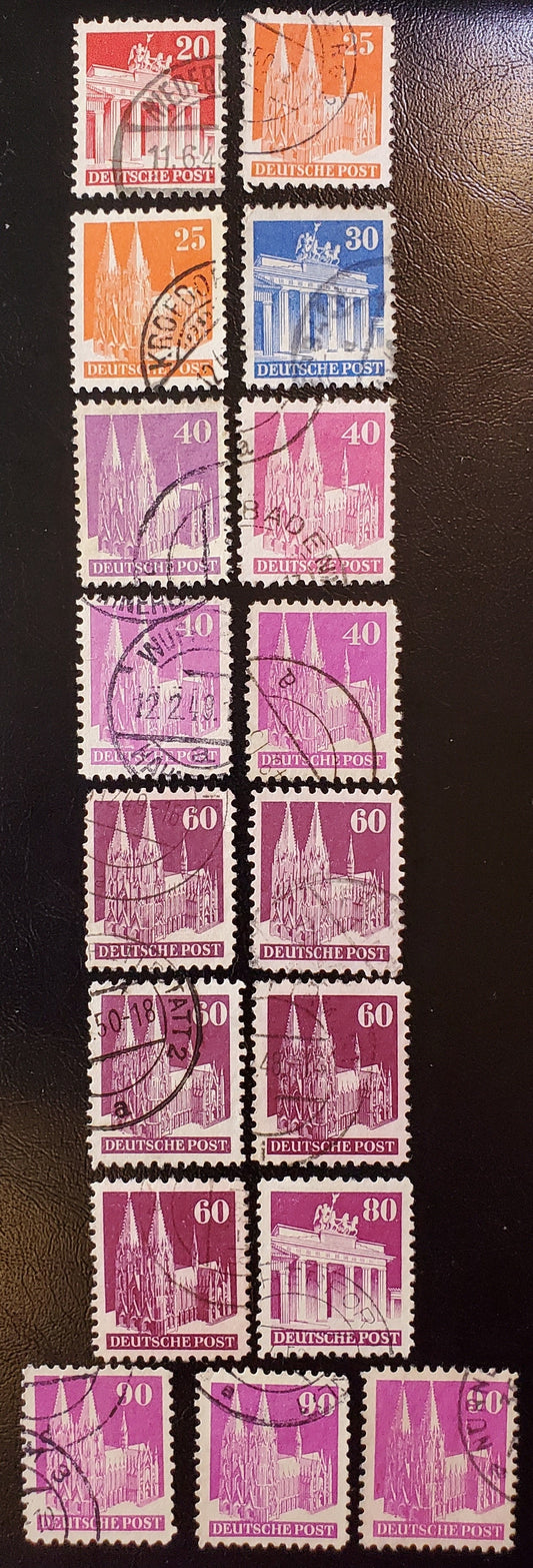 Lot 321 Germany - American and British Zone MI#85WB/96IIIWB (646/657) 1948-1951 Buildings Issue, 20pf Carmine - 90pf Rose Lilac Line Perf 11, Wmk W, A F-VF Used Group, Types 1, 2, 2a, 3 and 3a, 2023 Michel Cat. € 11.8, Net. Est. $10