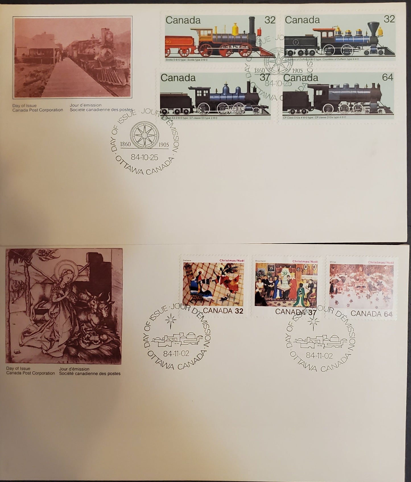 Lot 322 Canada #1036-1039 32c, 37c, & 64c Multicoloured Various Trains, 1984 Locomotives & Christmas Issues, 2 VF Official Canada Post FDC's Franked With The Sets, Downward Shift of Black, DF2 On Face