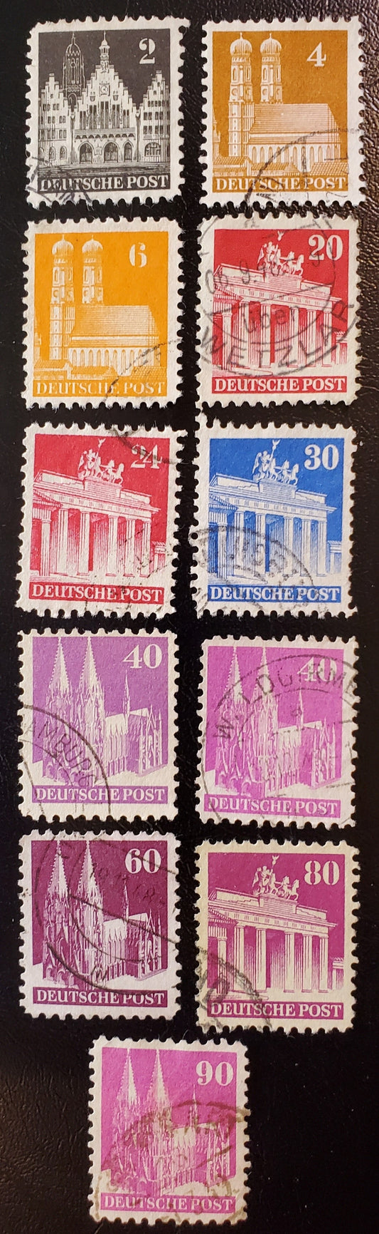 Germany - American and British Zone MI#73XB/96IXB (634/657) 1948-1951 Buildings Issue, 2pf Black - 90pf Rose Lilac Line Perf 11, Wmk X, A F-VF Used Group, Type 1, 2023 Michel Cat. €17.10, Net. Est. $15