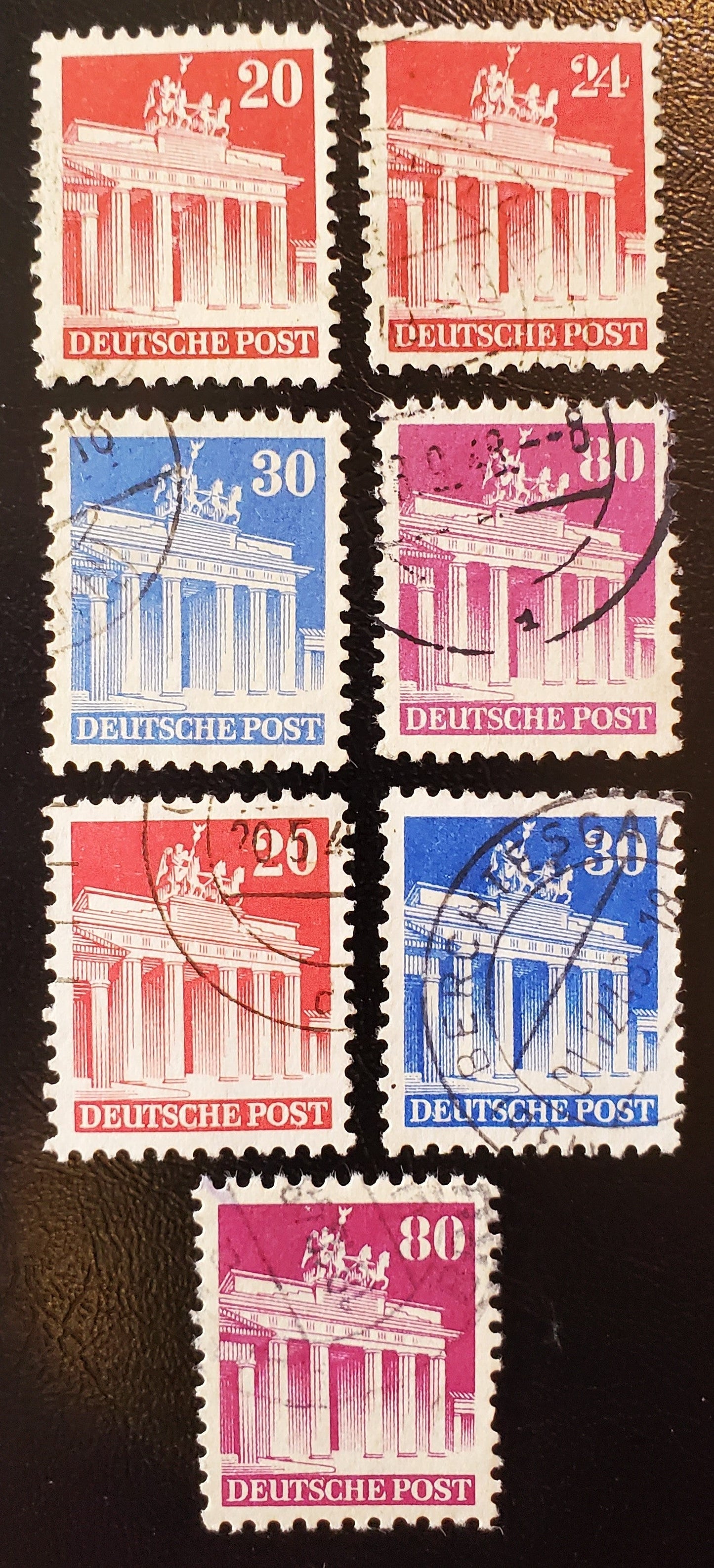 Germany - American and British Zone MI#85WF/94XF (646/655) 1948-1951 Buildings Issue, 20pf Carmine - 80pf Red Violet Comb Perf 11.25 x 11, Wmk W & X, A VF Used Group, 2023 Michel Cat. €6.3, Net. Est. $5