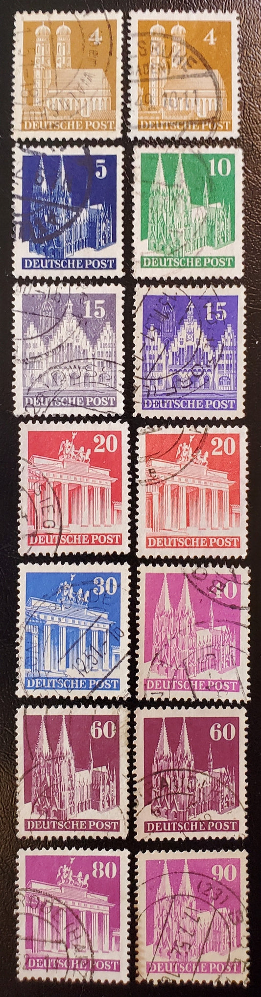 Germany - American and British Zone MI#74aWA/96IVWA (635a/657a) 1948-1951 Buildings Issue, 4pf Orange Brown - 90pf Rose Lilac, Comb Perf 14.25 x 14 and Line Perf. 14, Wmk W, Types 1 and 4, A VF Used Group, 2023 Michel Cat. €9.5, Net. Est. $8