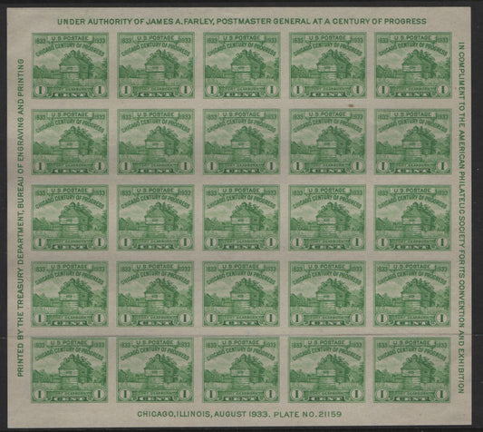 Lot 105 United States Of America #730 1c Yellow Green Restoration Of Fort Dearborn, 1933 American Philatelic Society Issue, A GEM Unused Souvenir Sheet Of 25 Without Gum, As Issued, Plate #21159