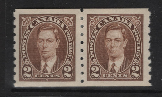 Lot 327 Canada SC#239 2c Brown King George VI, 1938-1942 Mufti Issue, A VFOG Coil Pair Rotary Bar Perforation, 3.5 mm Spacing, Paper/Gum Type CBN-AAA