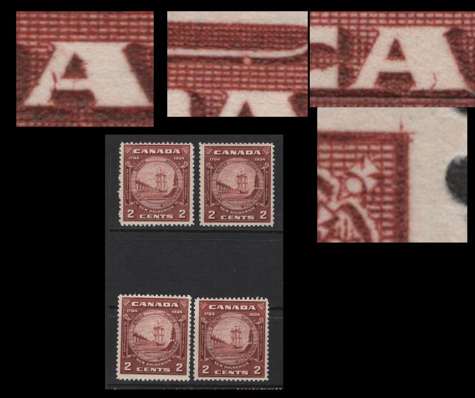 Lot 327 Canada (C)  #210var 2c Red Brown & Brown Red New Brunswick Seal, 1934 New Brunswick Issue, 4 FOG Singles, Showing Minor Varieties, Paper BABN-II