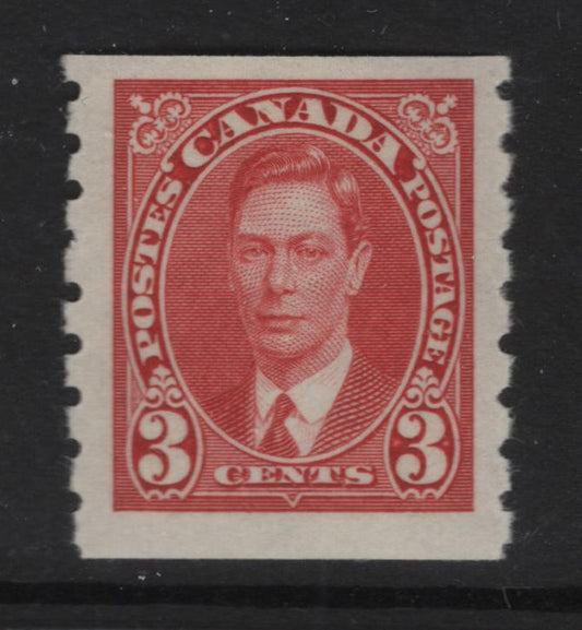 Lot 329 Canada SC#240 3c Carmine King George VI, 1938-1942 Mufti Issue, A Fine NH Single Rotary Bar Perforation, Paper/Gum Type CBN-AAA