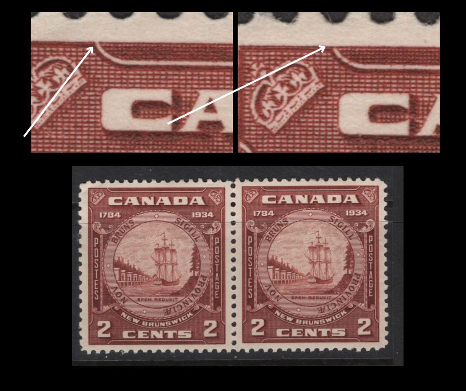 Lot 329 Canada (C)  #210, 210var 2c Pale Brown Red New Brunswick Seal, 1934 New Brunswick Issue, 2 VFOG Singles, Paper BABN-GG, Extended Frameline At UR & Closed Frameline On Right Stamp