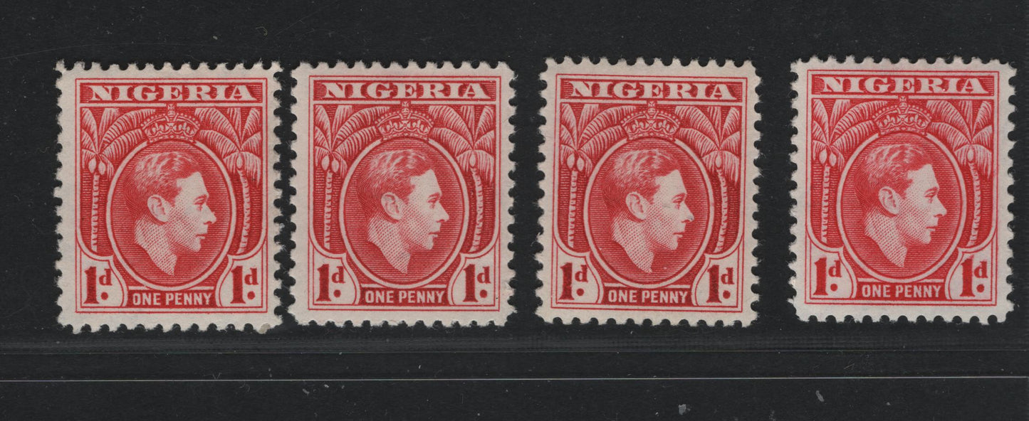 Lot 96 Nigeria #54var (SG#50) 1d Carmine King George VI, 1938-1952 King George VI Definitive Issue, 4 VFOG Singles, Line Perf 12, 1938 Printings