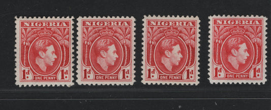 Lot 96 Nigeria #54var (SG#50) 1d Carmine King George VI, 1938-1952 King George VI Definitive Issue, 4 VFOG Singles, Line Perf 12, 1938 Printings