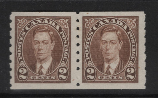 Lot 330 Canada SC#239 2c Brown King George VI, 1938-1942 Mufti Issue, A Fine NH Coil Pair Rotary Bar Perforation, 3.6 mm Spacing, Paper/Gum Type CBN-BBB