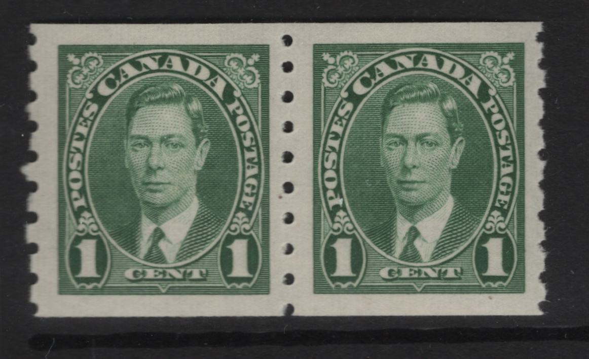 Lot 331 (C) Canada SC#238 1c Green King George VI, 1938-1942 Mufti Issue, A VFNH Coil Pair Rotary Bar Perforation, 3.6 mm Spacing, Paper/Gum Type CBN-CCC