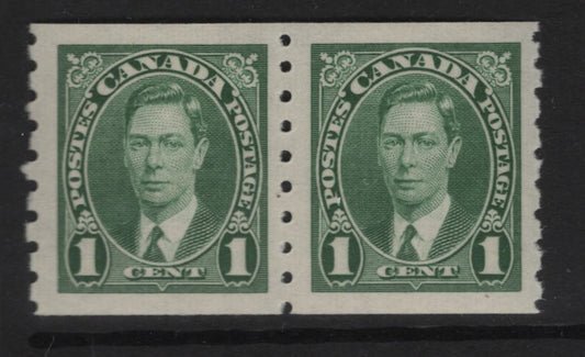 Lot 331 (C) Canada SC#238 1c Green King George VI, 1938-1942 Mufti Issue, A VFNH Coil Pair Rotary Bar Perforation, 3.6 mm Spacing, Paper/Gum Type CBN-CCC