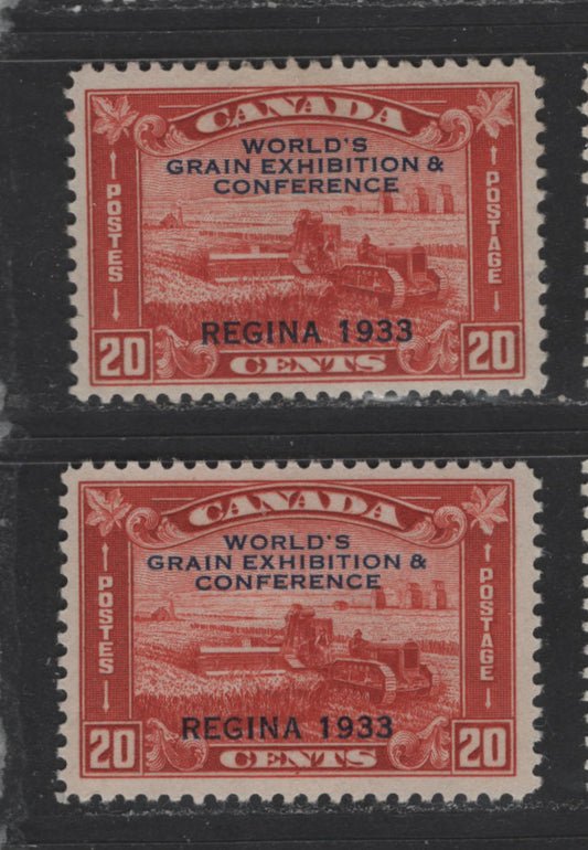 Lot 331 Canada #203 20c Deep Vermilion & Deep Brownish Vermilion Harvesting Wheat, 1933 Grain Exhibition Issue, 2 Very Fine OG Singles Deep Yellowish Semi-Gloss Gum