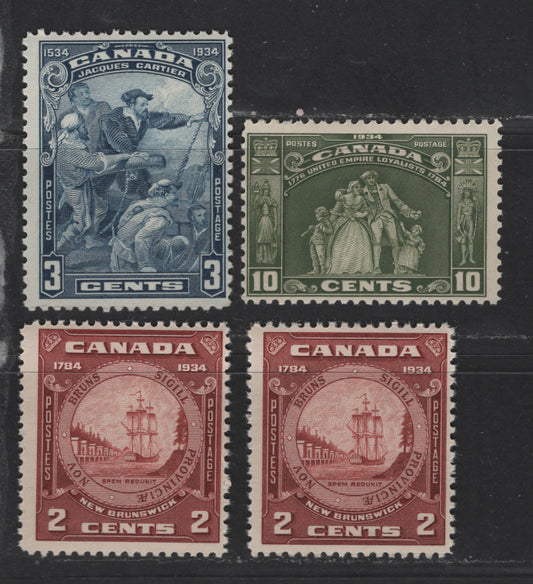 Lot 332 Canada #208-210i 2c-10c Red Brown - Olive Green Jacques Cartier - NB Seal, 1934 400th Anniversary of Discovery Of Canada - 150th Anniversary Of Founding Of NB Issues, 4 Fine NH Singles Including The Closed Frameline Variety On NB Issue