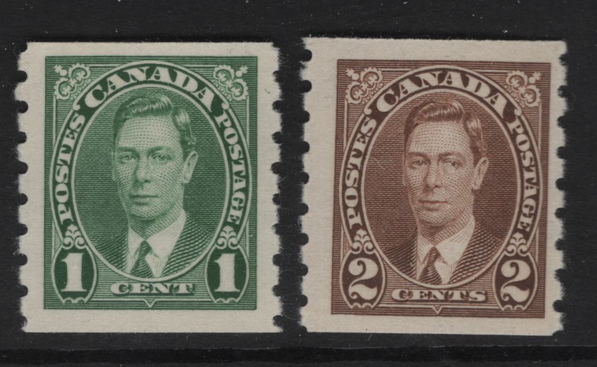 Lot 332 Canada SC#238-239 1c-2c Green & Brown King George VI, 1938-1942 Mufti Issue, 2 Fine * VFNH Singles Rotary Bar Perforation, Paper/Gum Type CBN-DDD