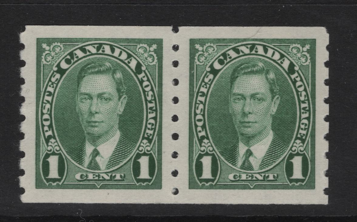 Lot 333 Canada SC#238 1c Green King George VI, 1938-1942 Mufti Issue, A VFOG Coil Pair Rotary Bar Perforation, 3.6 mm Spacing, Paper/Gum Type CBN-DDD