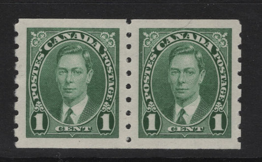 Lot 333 Canada SC#238 1c Green King George VI, 1938-1942 Mufti Issue, A VFOG Coil Pair Rotary Bar Perforation, 3.6 mm Spacing, Paper/Gum Type CBN-DDD