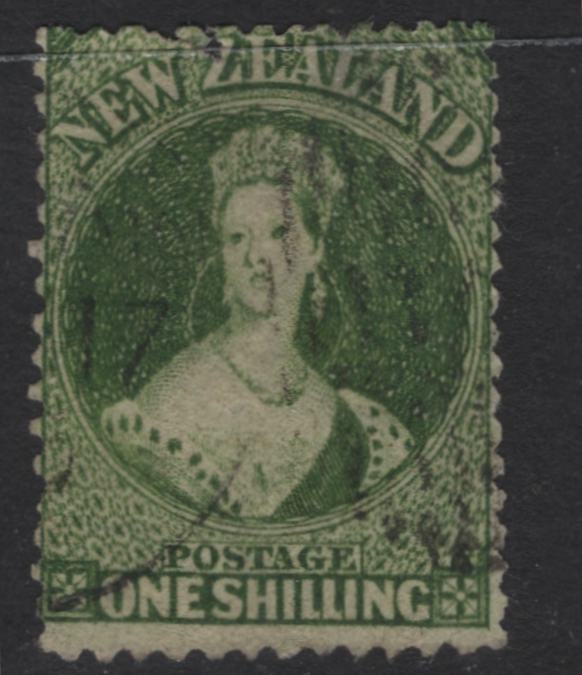 Lot 333 New Zealand (C) SG#80 1/- Yellow Green Queen Victoria, 1862-1864 Chalon Heads Issue, A Fair Used Single, Large Star Wmk, Perf 13x14.5