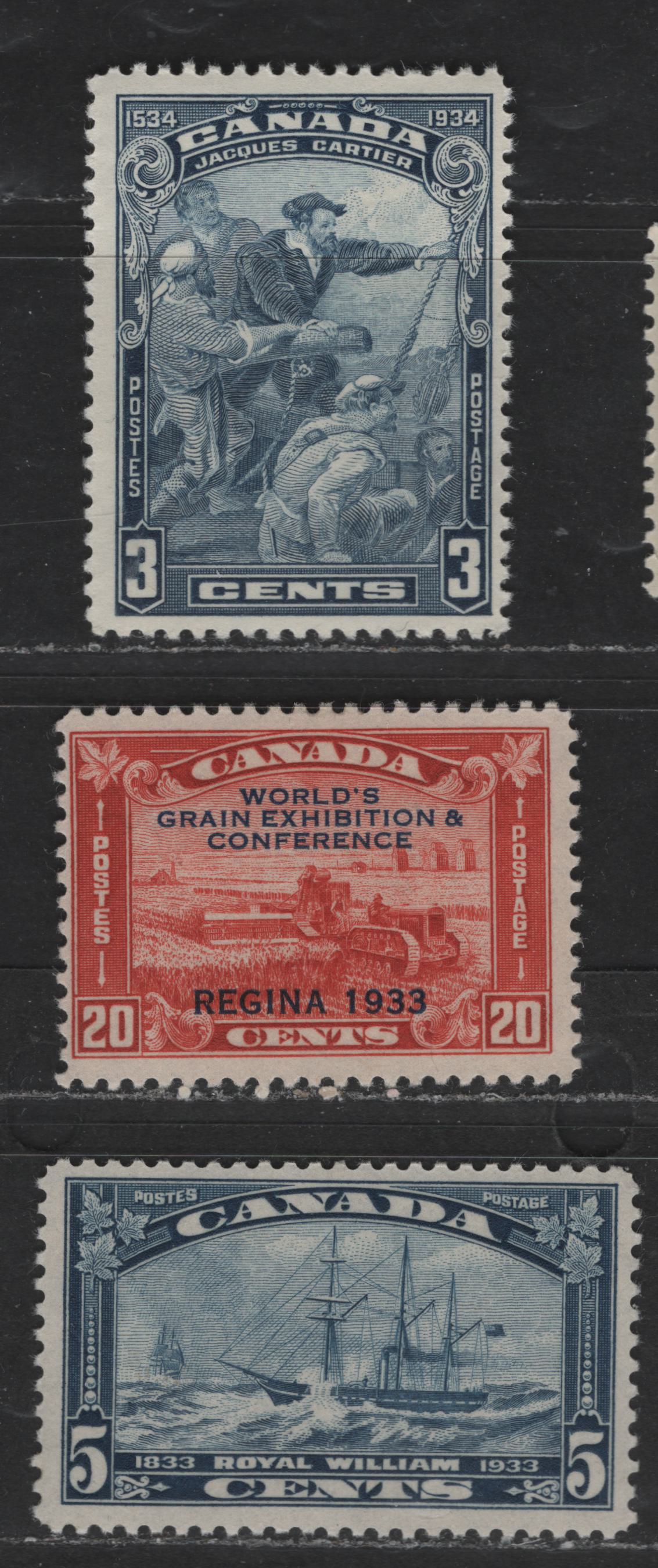 Lot 333 Canada #203-204, 208 3c-20c Steel Blue & Deep Vermilion Harvesting Wheat - Jacques Cartier & Crew, 1933-1934 Regina Grain Exhibition - 400th Anniversary Of Discovery Of Canada Issues, 3 Fine & VFOG Singles, Different Gums