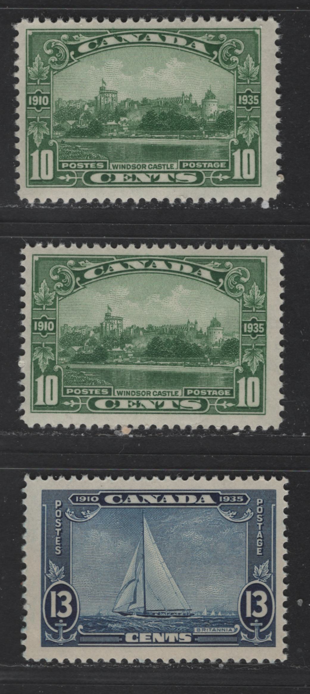 Lot 334 Canada #215-216 10c-13c Green, Bright Green & Blue Windsor Castle & Britannia, 1935 Silver Jubilee, 3 Fine NH Singles