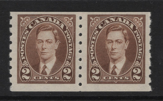 Lot 334 Canada SC#239 2c Brown King George VI, 1938-1942 Mufti Issue, A Fine OG Coil Pair Rotary Bar Perforation, 3.5 mm Spacing, Paper/Gum Type CBN-DDD
