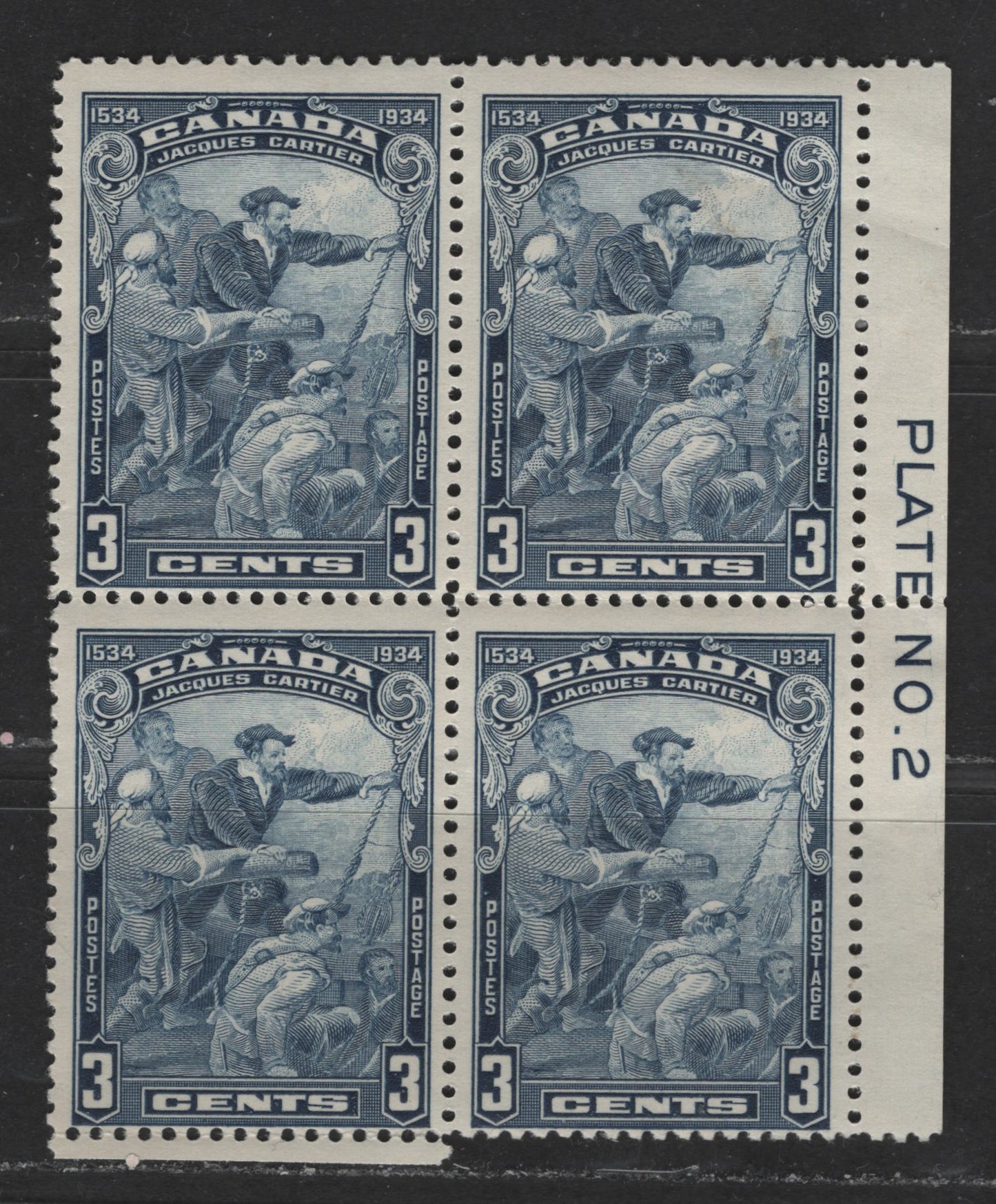 Lot 334 Canada #208 3c Steel Blue Jacques Cartier & Crew, 1934 400th Anniversary Of Discovery Of Canada Issue, A Fine OG LR Plate 2 Block Missing LR Piece Of Selvedge