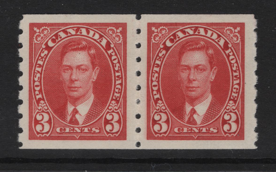 Lot 335 (C) Canada SC#240 3c Carmine King George VI, 1938-1942 Mufti Issue, A VFNH Coil Pair Rotary Bar Perforation, 3.5 mm Spacing, Paper/Gum Type CBN-DDD