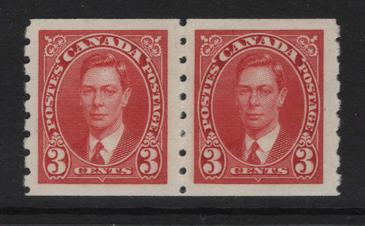 Lot 335 (C) Canada SC#240 3c Carmine King George VI, 1938-1942 Mufti Issue, A VFNH Coil Pair Rotary Bar Perforation, 3.5 mm Spacing, Paper/Gum Type CBN-DDD