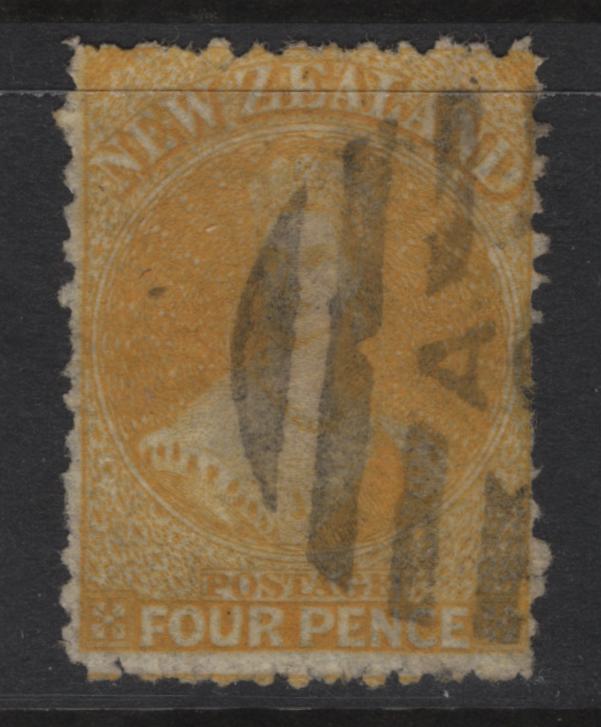 Lot 335 New Zealand (C) SG#120 4d Yellow Queen Victoria, 1864-1871 Chalon Heads Issue, A Good Used Single, Perf 12.5, Some Short Perfs & Small Margin Thin At Center Right, But Decent Appearance.