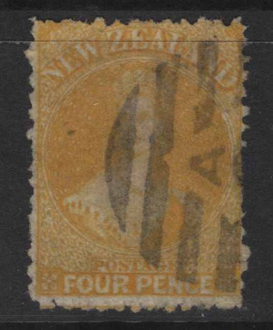Lot 335 New Zealand (C) SG#120 4d Yellow Queen Victoria, 1864-1871 Chalon Heads Issue, A Good Used Single, Perf 12.5, Some Short Perfs & Small Margin Thin At Center Right, But Decent Appearance.