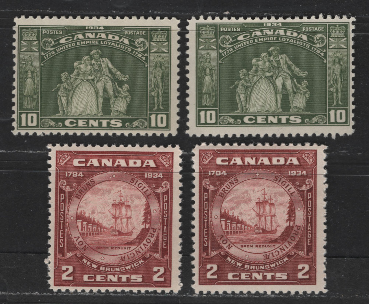 Canada #209-210 2c & 10c Red Brown - Greyish Olive Green Loyalists Statue & NB Seal, 1934 United Empire Loyalists & Founding Of NB Issues, 4 Fine NH Singles Two Different Printings Of Each In Different Shade & Gum Types