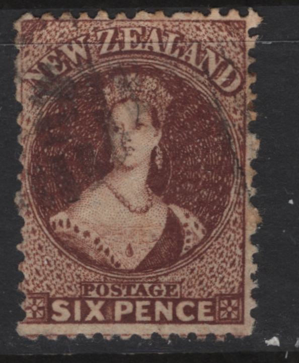 Lot 335A New Zealand (C) SG#122 6d Red Brown Queen Victoria, 1864-1871 Chalon Heads Issue, A Fine Used Single, Perf 12.5, Large Star Wmk