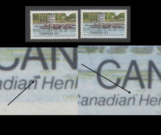 Lot 335 Canada #968i 30c Multicoloured Rowing Competition, 1982 Henley Regatta Issue, 2 VFNH Singles, With Both States Of The Stroke Above Last "N" Of "Canadian" (Pos. 9), DF/DF Paper