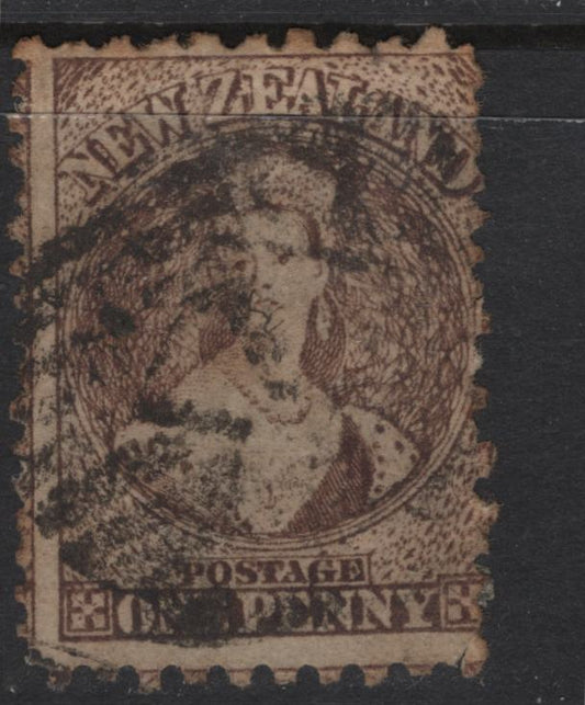 Lot 336 New Zealand (C) SG#128a 1d Brown Queen Victoria, 1871-1873 Chalon Heads Issue, A Good Used Single, Scarce Compound Perf 10x12.5, Some Toning & Corner Creases At UR & LR