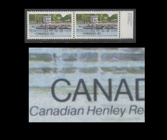 Lot 337 Canada #968ii 30c Multicoloured Rowing Competition, 1982 Henley Regatta Issue, A VFNH Right Partial Inscription Pair, From Pos. 9&10 NOT Showing the Stroke Above Last "N" Of Canadian Variety, LF4/LF5 Paper