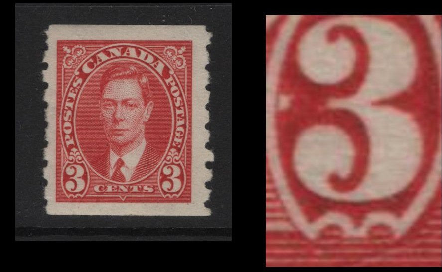 Lot 337 (C) Canada SC#240var 3c Carmine King George VI, 1938-1942 Mufti Issue, A Fine OG Single Rotary Bar Perforation, Paper/Gum Type CBN-FFF, Showing White Dot To Left Of Right "3"