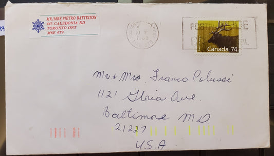 Canada #1177 74c Multicoloured Wapiti, 1987-1991 Mammal & Architecture Issue, A VF  Cover Single Use to USA, Paying Overweight Rate?