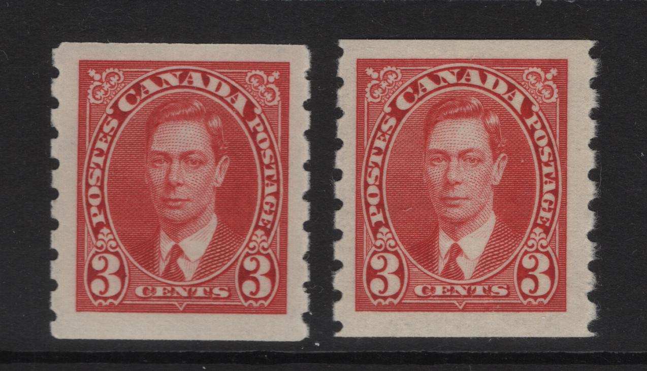 Lot 338 (C) Canada SC#240 3c  Carmine & Bright Carmine King George VI, 1938-1942 Mufti Issue, 2 Fine OG & VFNH Singles Rotary Bar Perforation, Paper/Gum Type CBN-FFF