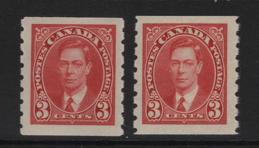 Lot 338 (C) Canada SC#240 3c  Carmine & Bright Carmine King George VI, 1938-1942 Mufti Issue, 2 Fine OG & VFNH Singles Rotary Bar Perforation, Paper/Gum Type CBN-FFF