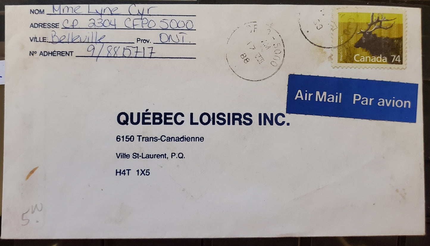 Canada #1177 74c Multicoloured Wapiti, 1987-1991 Mammal & Architecture Issue, A  Fine Cover Single Domestic Use From Candian Forces Base