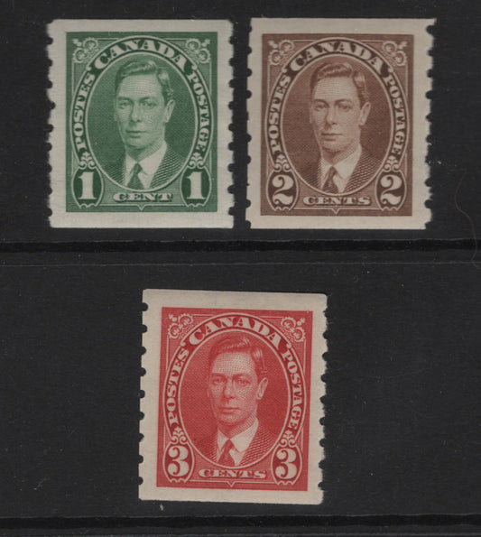 Lot 339 Canada SC#238-240 1c-3c Green, Brown & Carmine King George VI, 1938-1942 Mufti Issue, 3 VFOG Singles Rotary Bar Perforation, Paper/Gum Types CBN-GGG & CBN-HHH