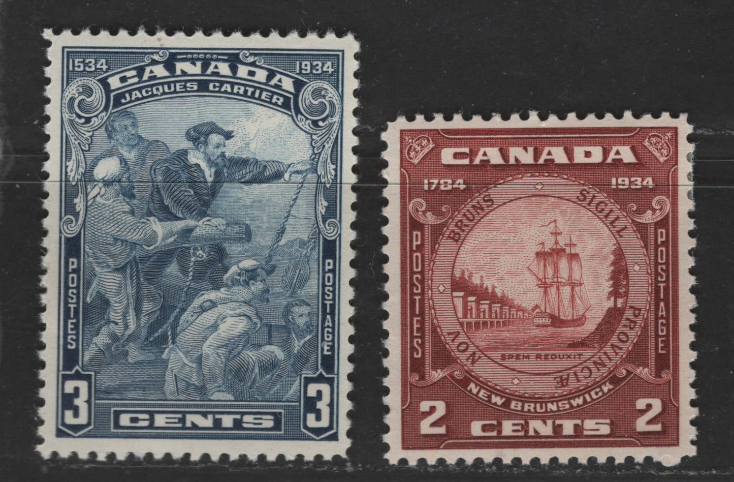 Canada #208, 210 1c, 3c Red Brown & Blue Jacques Cartier - NB Seal, 1934 400th Anniversary of Discovery Of Canada &  150th Anniversary Of Founding Of NB Issues, 2 VFNH Singles