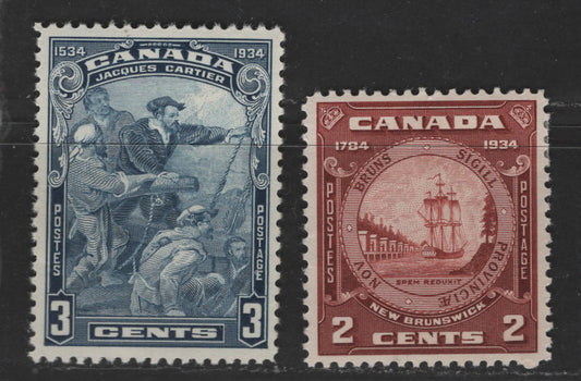 Canada #208, 210 1c, 3c Red Brown & Blue Jacques Cartier - NB Seal, 1934 400th Anniversary of Discovery Of Canada &  150th Anniversary Of Founding Of NB Issues, 2 VFNH Singles