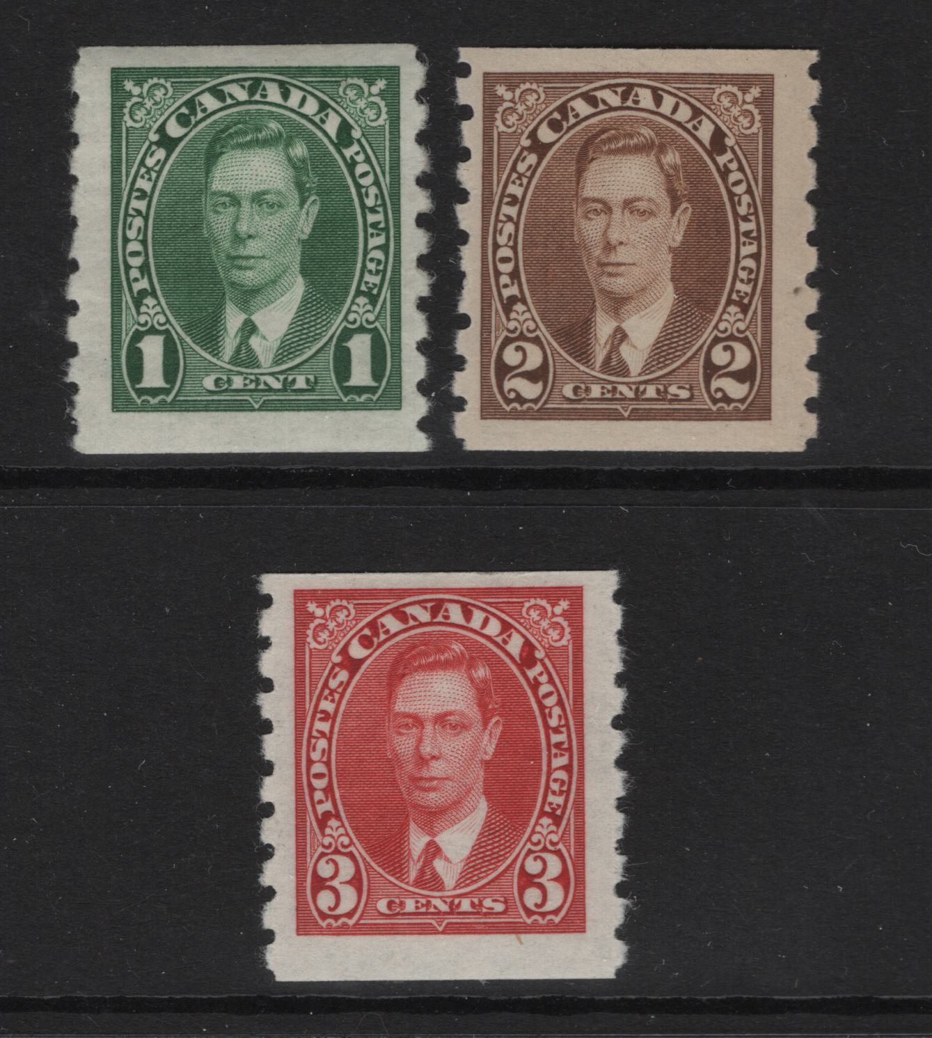 Lot 340 Canada SC#238-240 1c-3c Green, Brown & Carmine King George VI, 1938-1942 Mufti Issue, 3 Fine OG & NH Singles Rotary Bar Perforation, Paper/Gum Types CBN-III, CBN-JJJ & CBN-KKK, Scarcer Paper Types