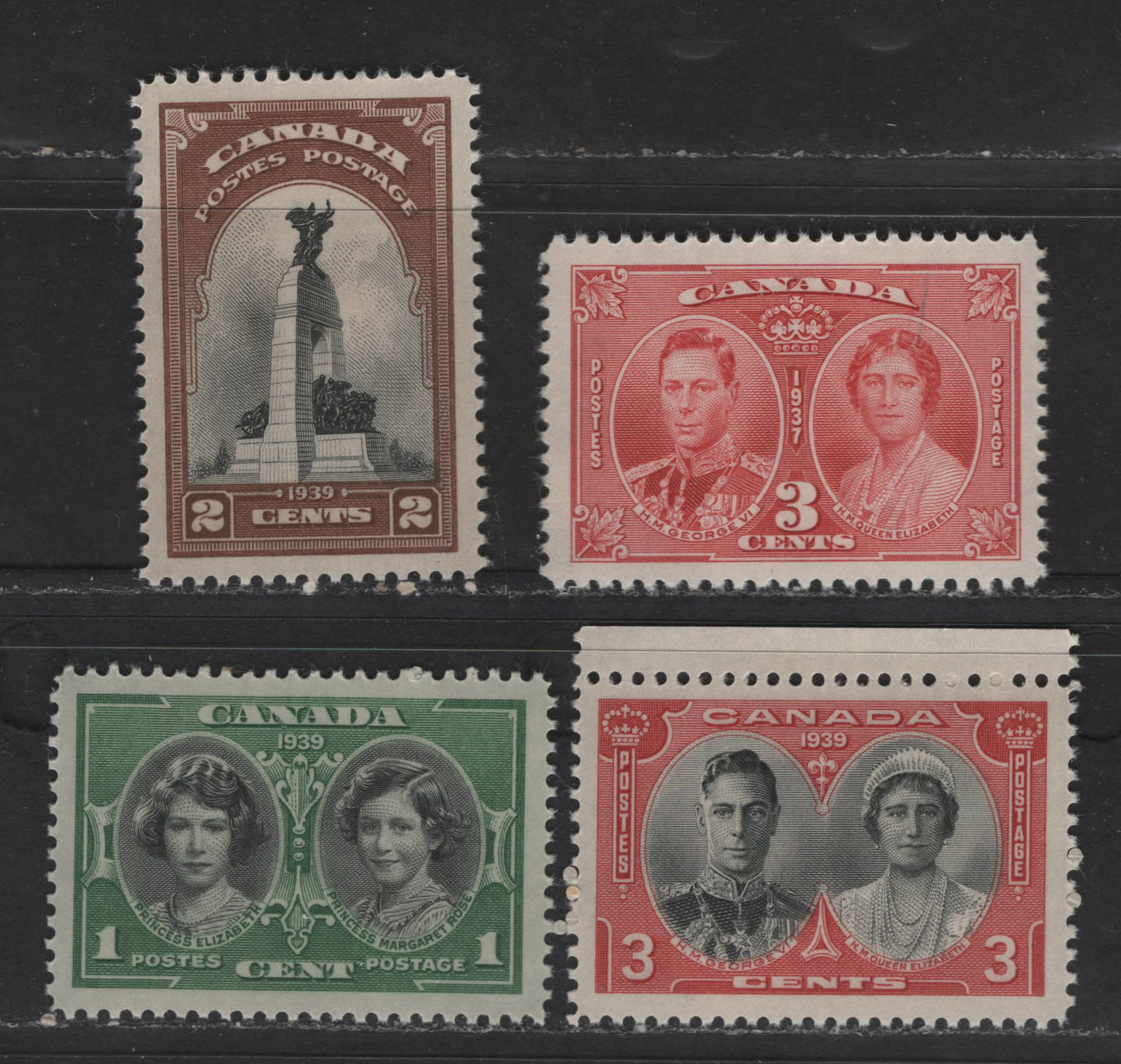 Canada #237, 241-243 1c-3c Carmine Red - Carmine & Black King George VI & Queen Elizabeth, War Memorial & Princesses Margaret & Elizabeth, 1937-1939 Coronation & Royal Visit Issues, 4 VFNH Singles