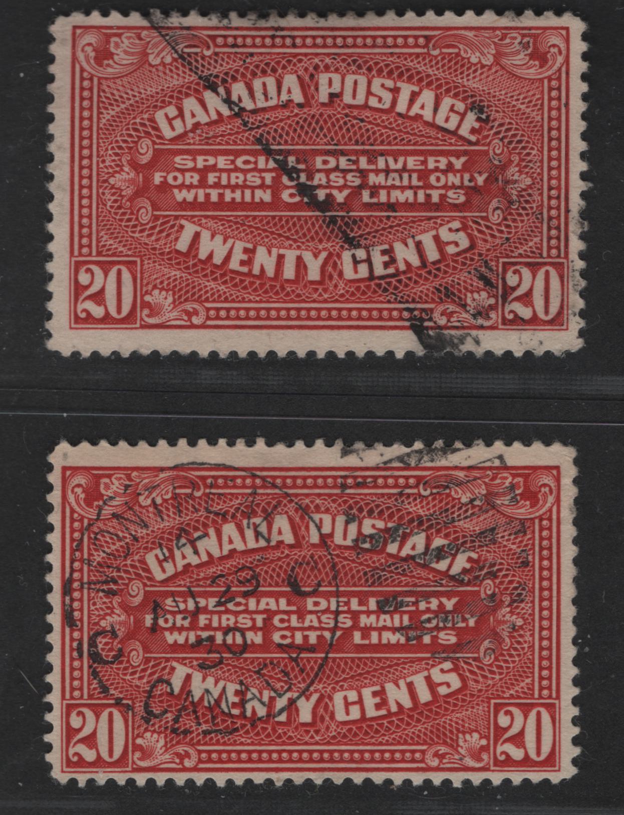 Lot 207 Canada #E2 20c Carmine & Lake Numeral On Engine Turned Background, 1922-1930 Second Special Delivery Issue, 2 Fine Used Singles Dry Printings