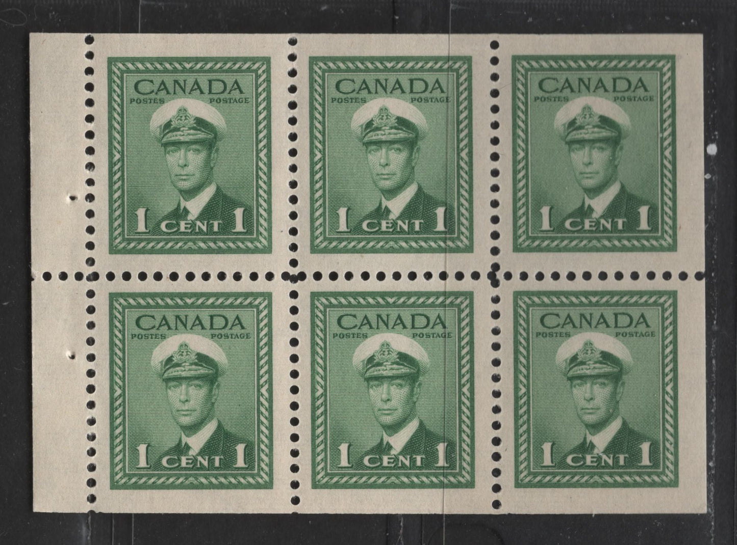 Lot 342 Canada #249b 1c Green King George VI, 1942-1949 War Issue, A VFNH Booklet Pane Of 6 Horizontal Ribbed Paper With Yellowish Cream Gum